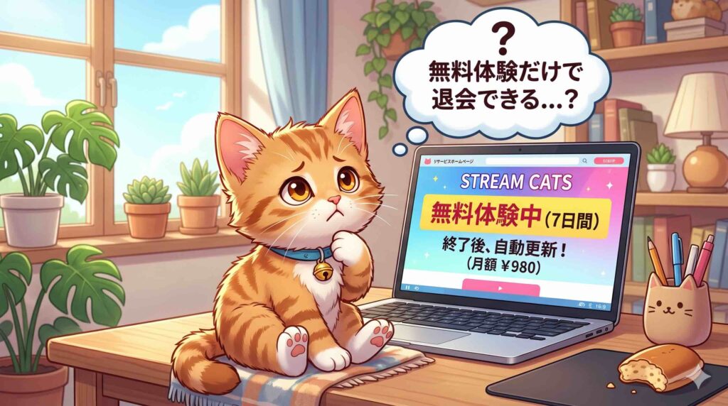 ワールドトークは無料体験だけで退会できるのか悩むネコ