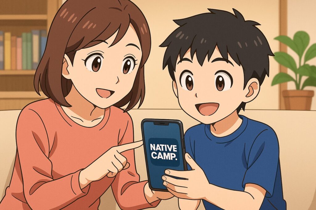 アプリを使ったネイティブキャンプのやり方を子供に教えているショートヘアーの母親