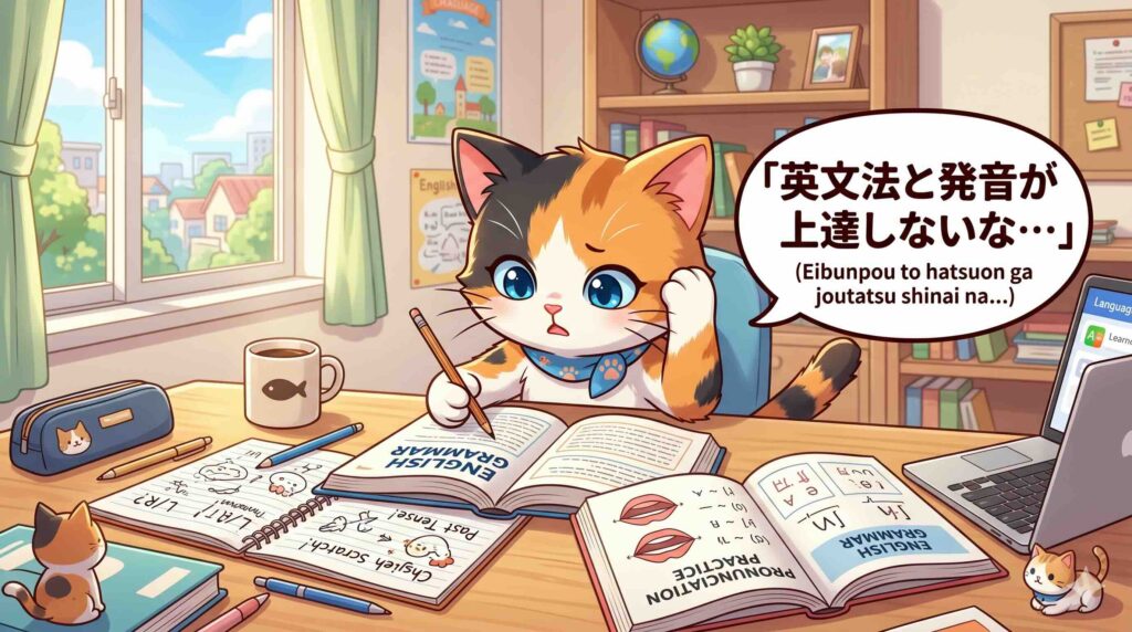 5分間ディスカッションで上達しづらいことを実感するネコ