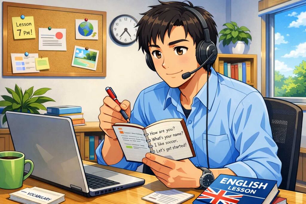 ネイティブキャンプの今すぐレッスンできない時に確認したいことを考える男性