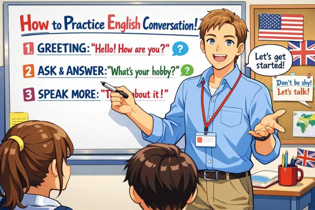 教材「会話」の進め方をレクチャーするアメリカ人講師