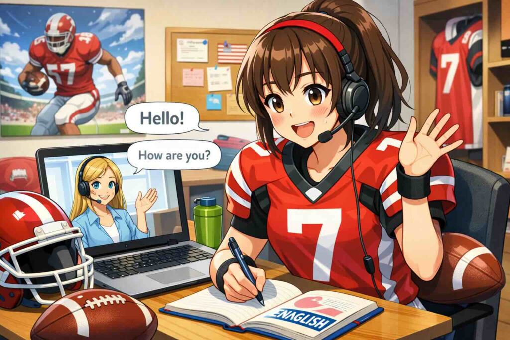 教材「会話」のBeginnerをやる女性