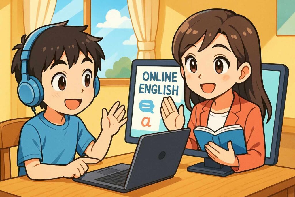 ネイティブキャンプの今すぐレッスンのやり方を教わっている少年