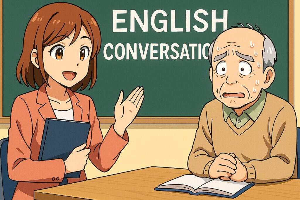 ネイティブキャンプの初めてのレッスンで緊張しているおじいちゃん