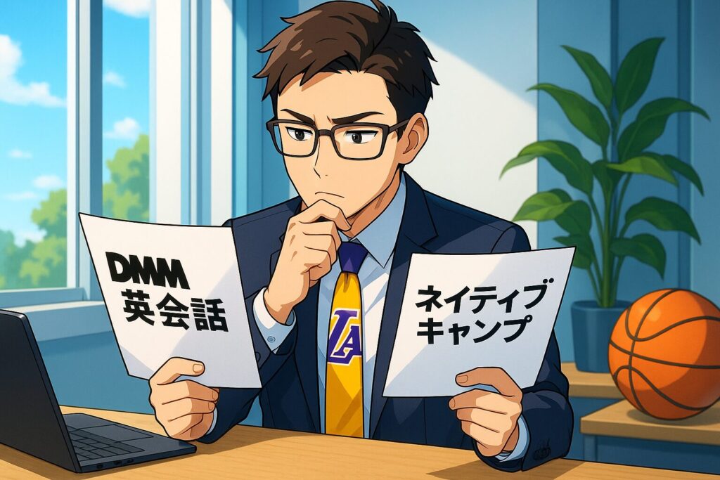 ネイティブキャンプとDMM英会話の簡単比較しているビジネスマン