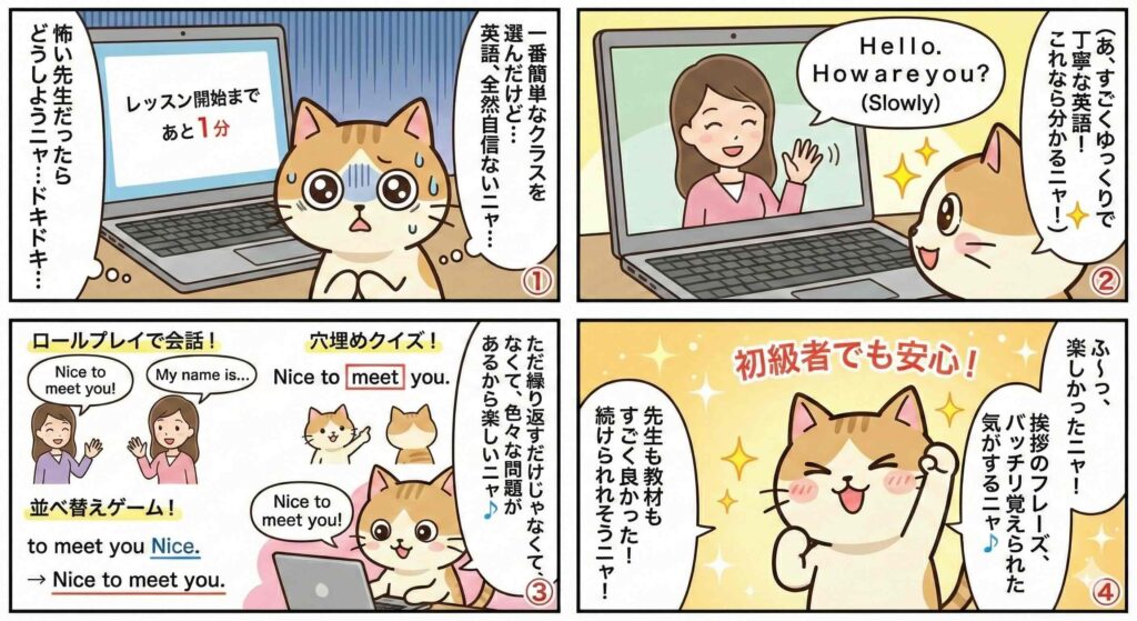 DMM英会話で会話教材の無料体験を受けている様子