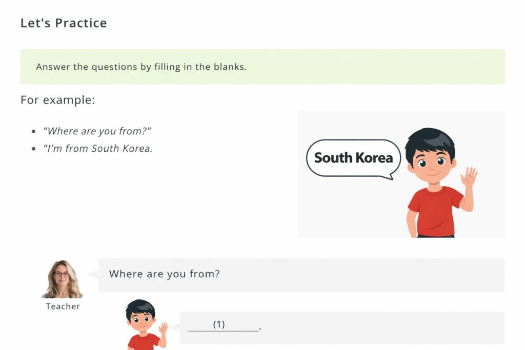 DMM英会話の会話　重要語句やフレーズの確認、音読、穴埋め問題の様子