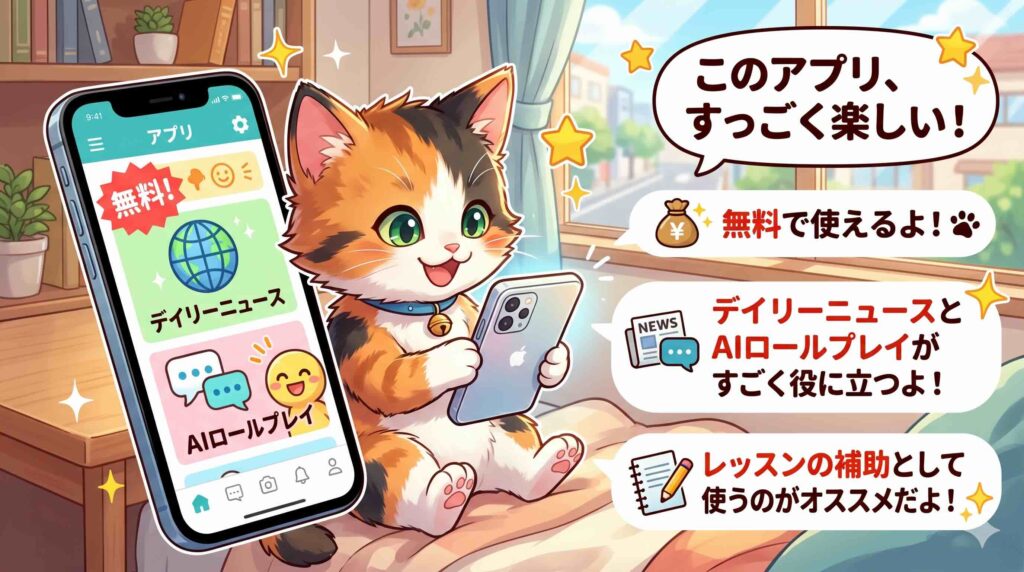 DMM英会話アプリを使った印象を述べるねこ