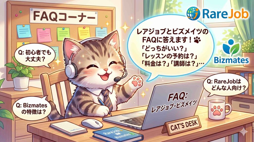 レアジョブとビズメイツFAQに答えるネコ