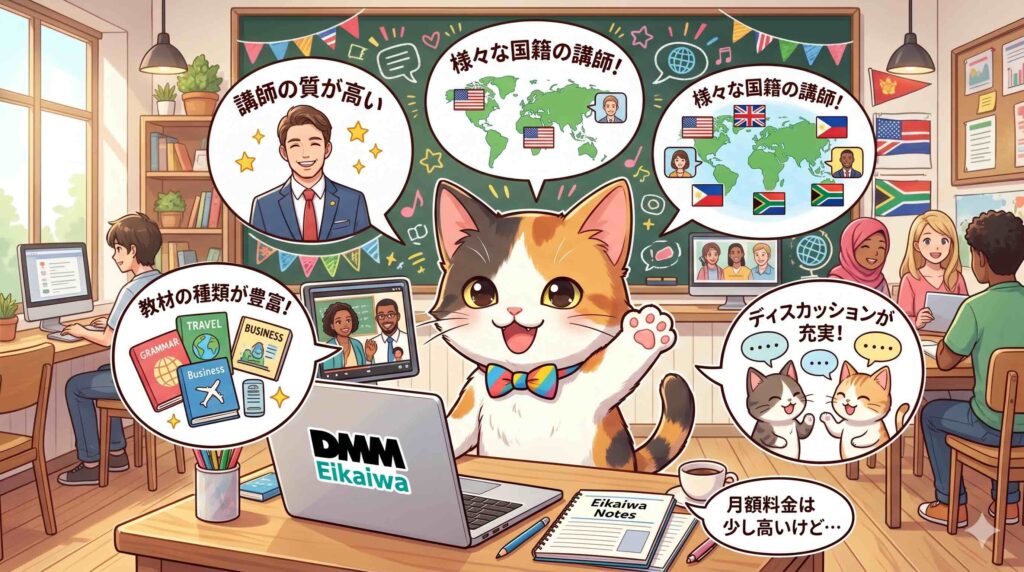 DMM英会話とレアジョブの印象を比較しているネコ