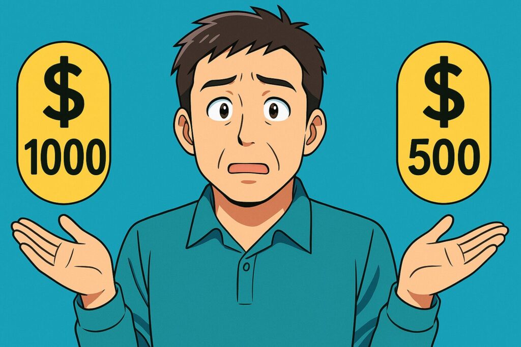 DMM英会話とレアジョブにおける料金プランを比較している男性