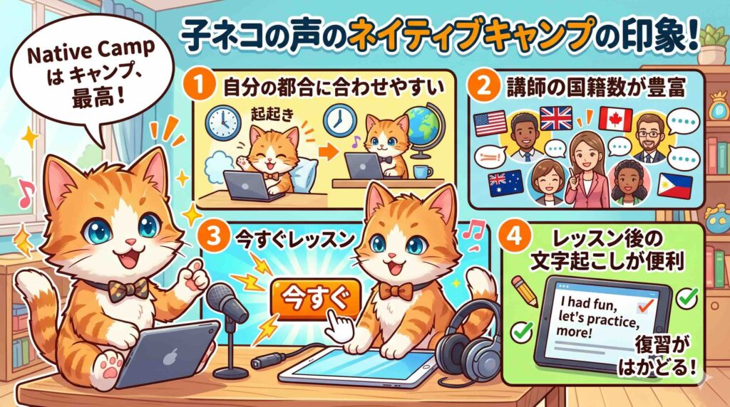 ネイティブキャンプとレアジョブの印象を比較しているネコ