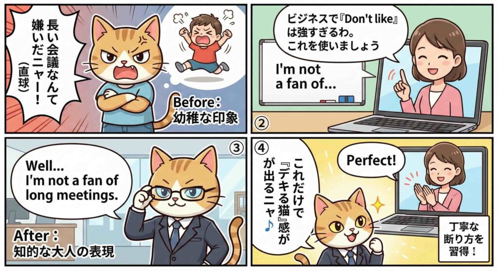 ビジネスディスカッションのHelpful Words and Phrasesセクションをしている様子