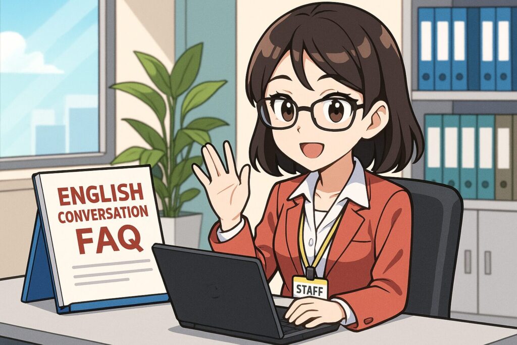 QQ Englishのカリキュラムに関するFAQに答えている女性スタッフ
