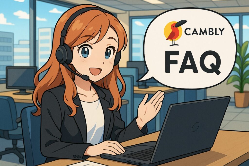 オフィスでCamblyのFAQに答えているイギリス人女性スタッフ