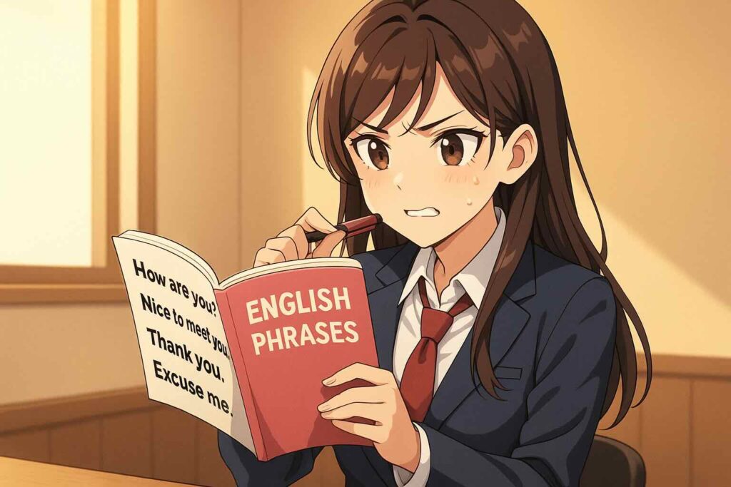 初心者が覚えておきたいフレーズを勉強する女子高生