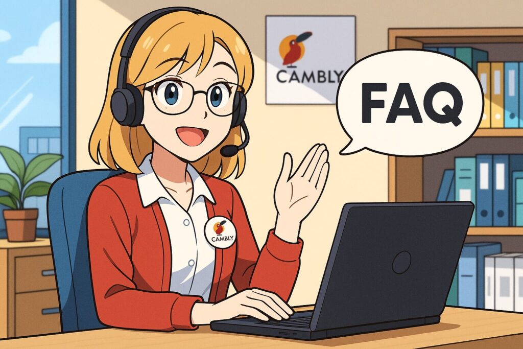 オフィスでCamblyのFAQに答えているアメリカ人女性スタッフ