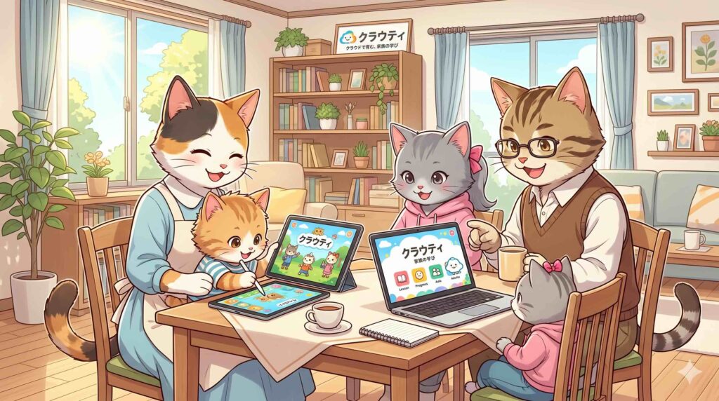 クラウティとKiminiは家族利用で何が違うのか説明する家族猫