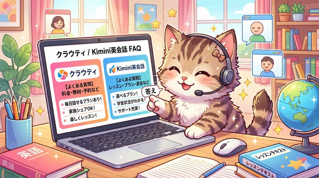 クラウティとKimini英会話のよくある質問に答えるネコ