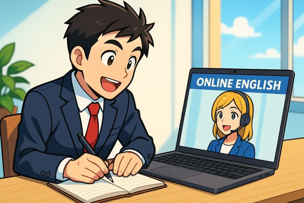 オンライン英会話の最中にノートを取っているビジネスマン