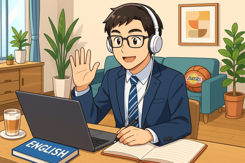 オンライン英会話を始めるのが不安なので自宅で勉強しているビジネスマン