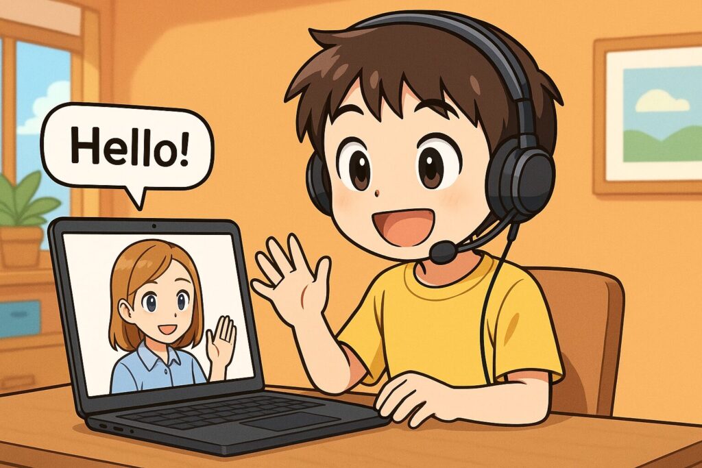 初めてオンライン英会話を受けている小学生