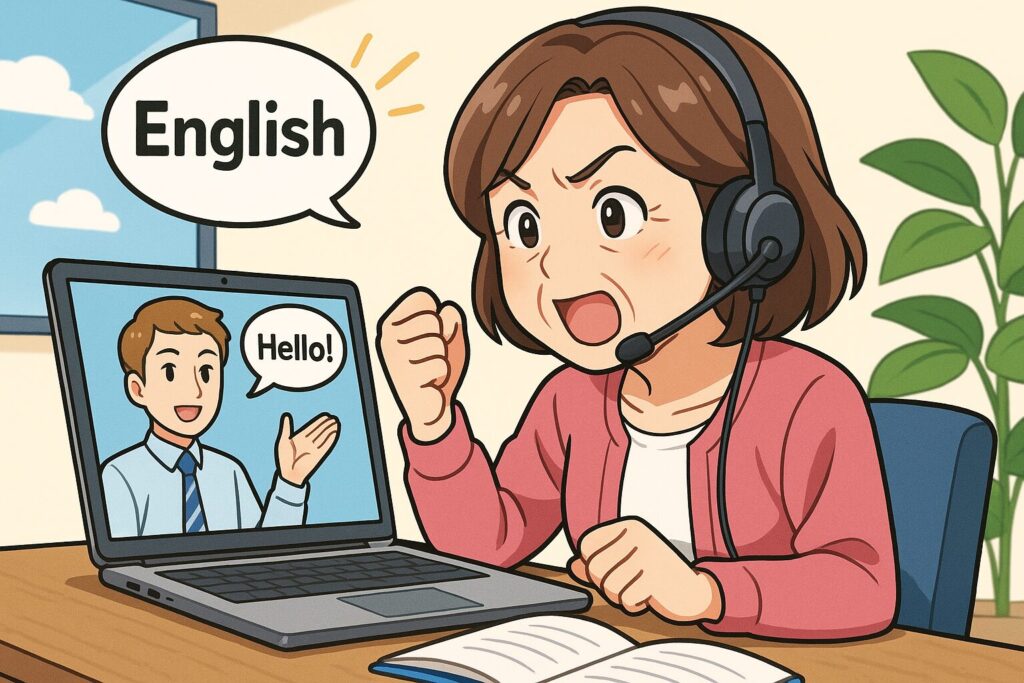 50代の女性が頑張ってオンライン英会話をしている様子