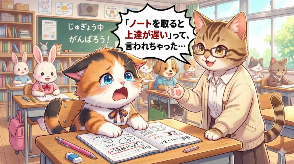 オンライン英会話でノートを取ると上達が遅くなる理由3選を聞くネコ