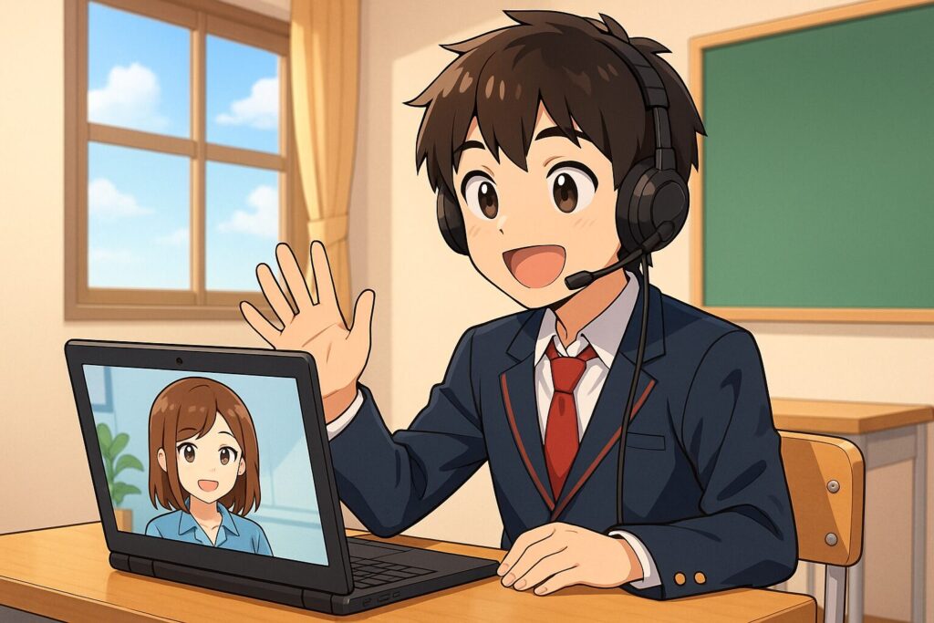 初めてオンライン英会話を受けている高校男子