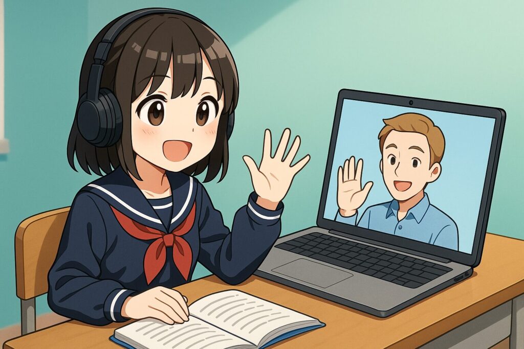 初めてオンライン英会話を受けている中学女子