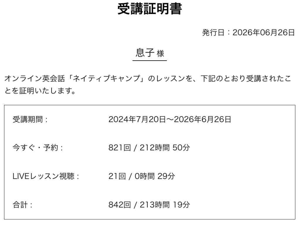 インニャンコの息子のネイティブキャンプ受講証明書
