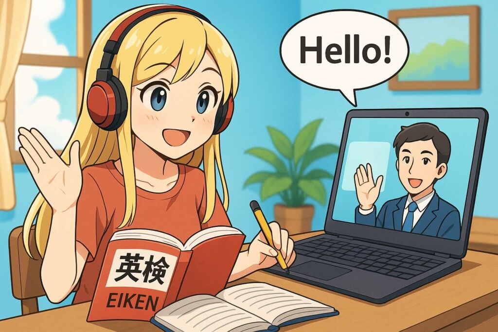 英検対策をオンライン英会話でしている金髪な女子大生