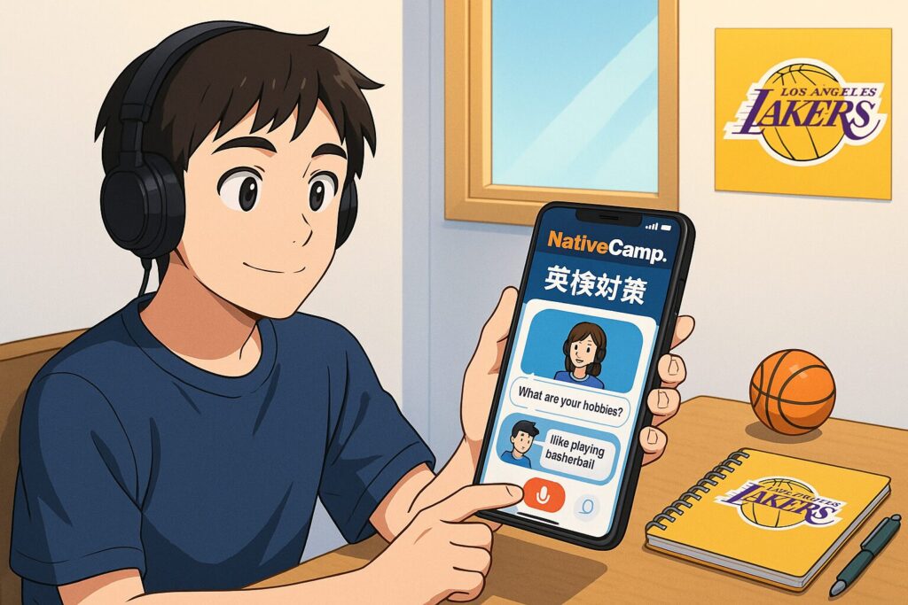 ネイティブキャンプのアプリで英検対策をしている男性