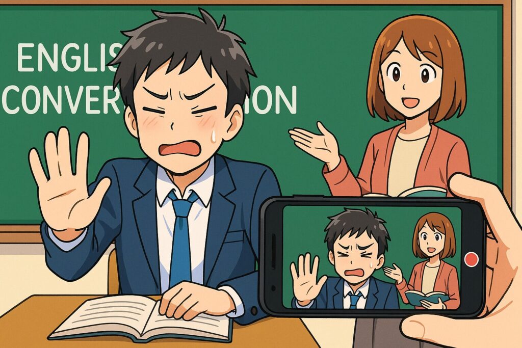 ネイティブキャンプのライブレッスン中にカメラで撮影されている男子高校生