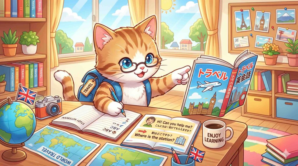 ネイティブキャンプの新旅行英会話を体験するネコ