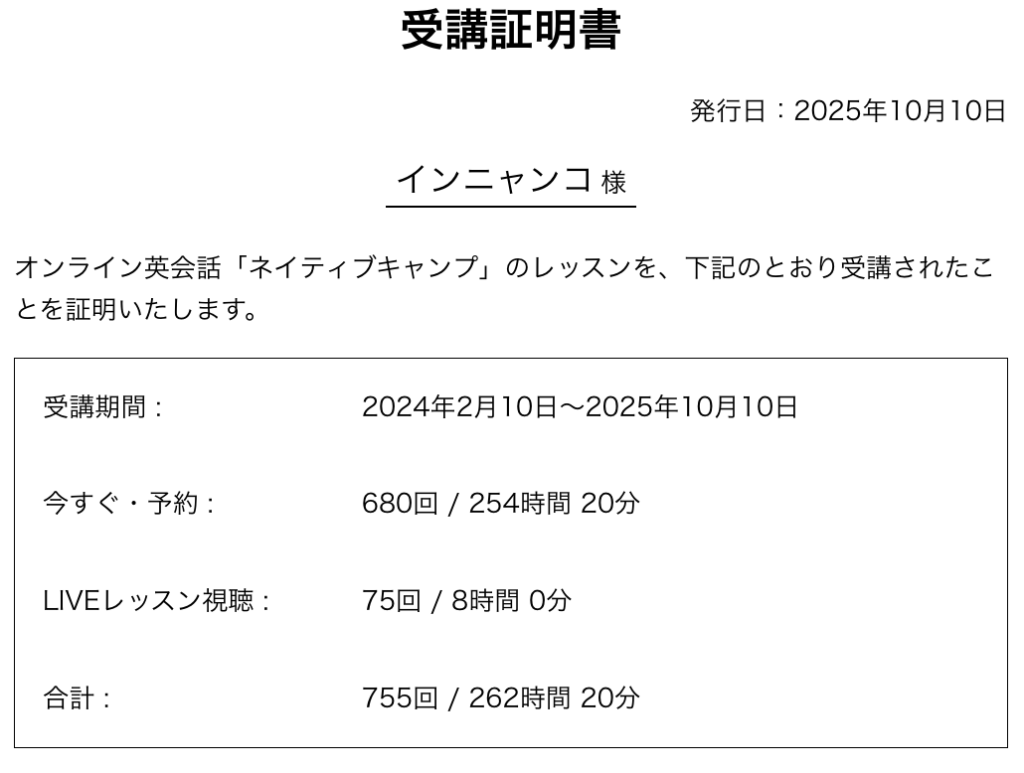 インニャンコのネイティブキャンプ受講証明書