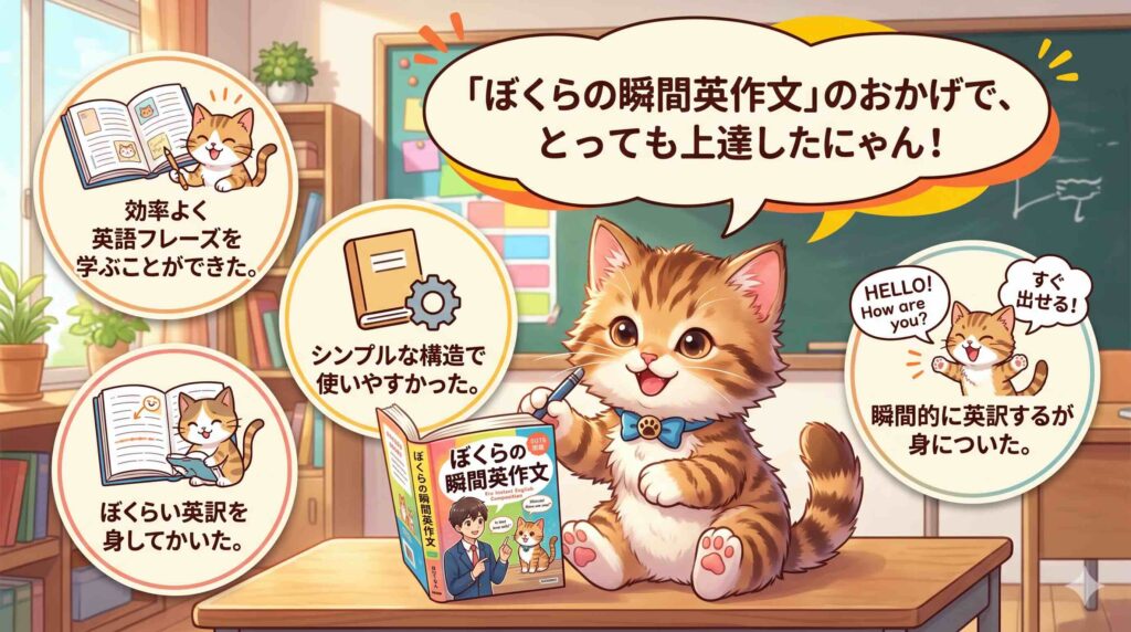 ぼくらの瞬間英作文の感想を述べる猫