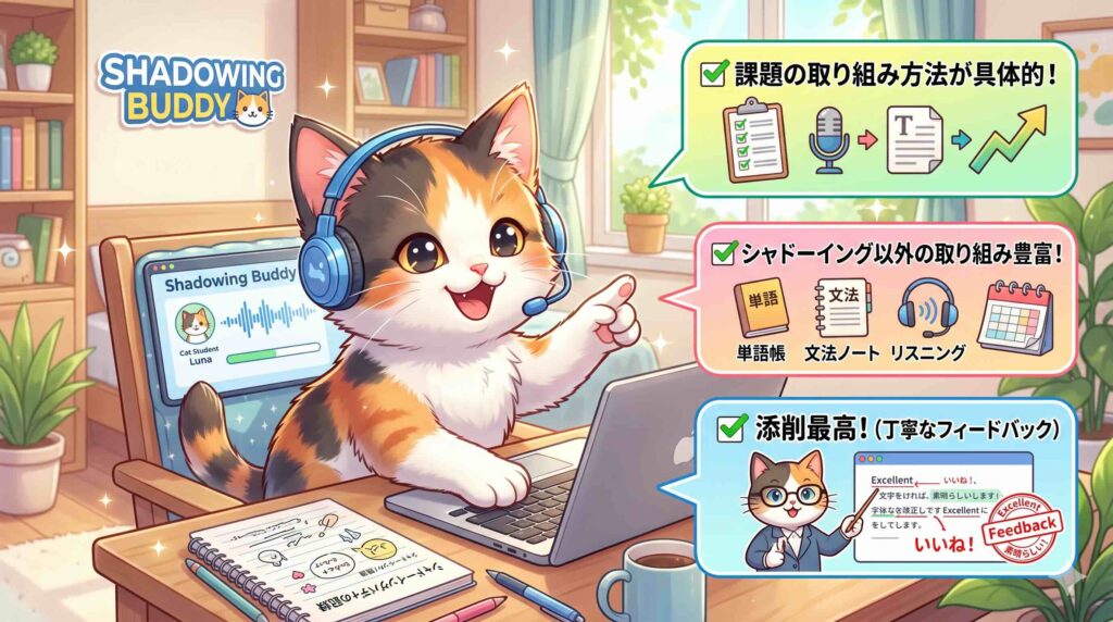 シャドーイングバディの感想を述べるネコ