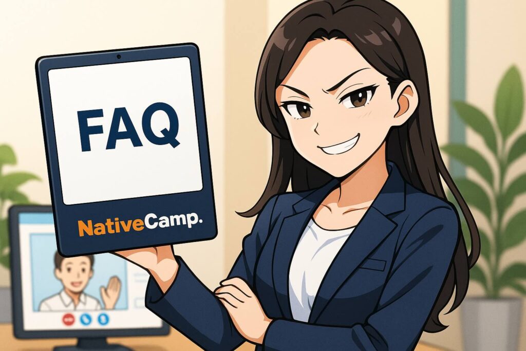 ネイティブキャンプのカウンセリングのFAQを紹介する女性スタッフ