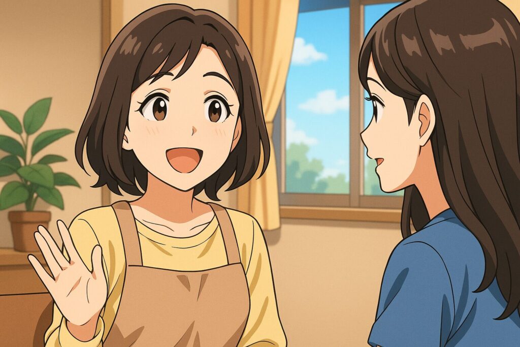 DMM英会話のカウンセリングの感想を友人に話している主婦