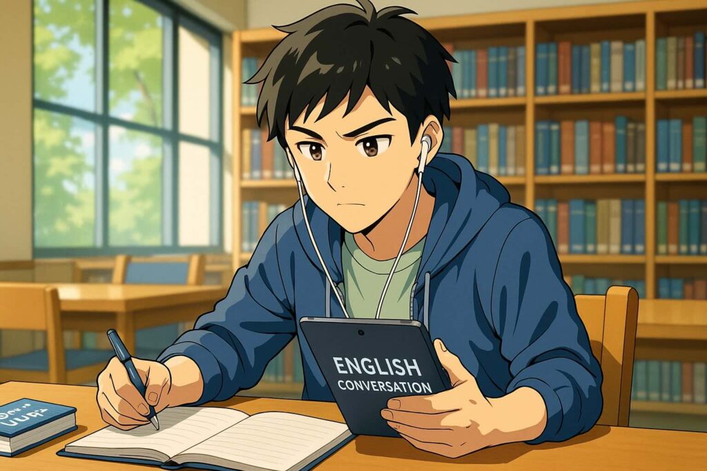 図書館でリスニングの勉強をしている男子学生