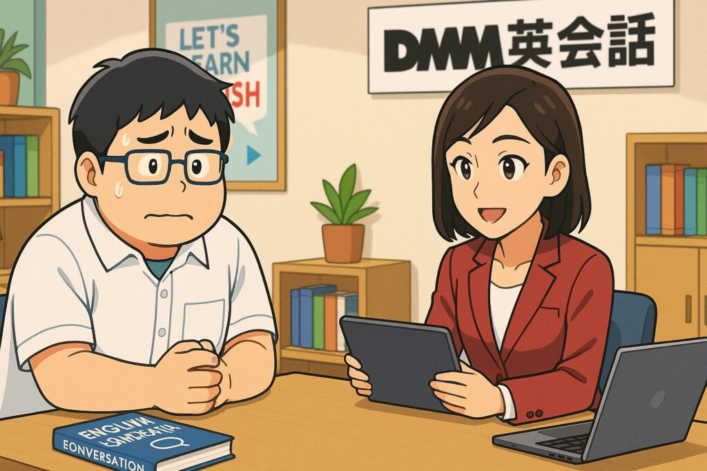 DMM英会話の日本人講師にカウンセリングを受けている緊張している小太りな男子高校生