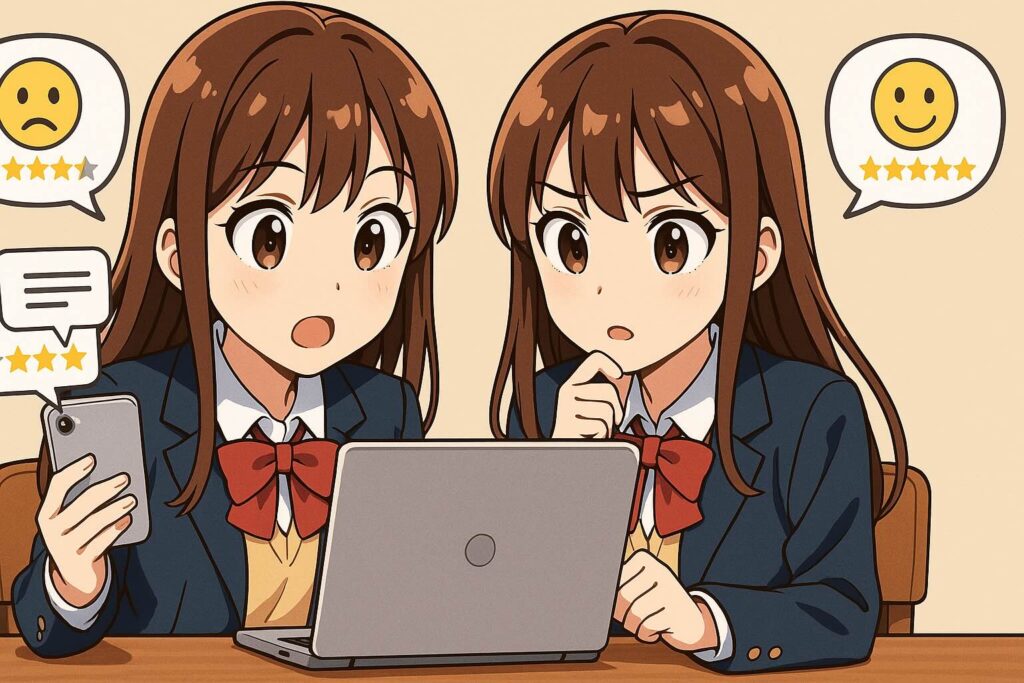 レアジョブのネイティブ講師の口コミを調べている双子