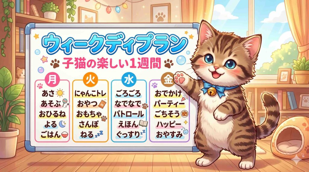 Kimini英会話のウィークデイプランについて説明するネコ