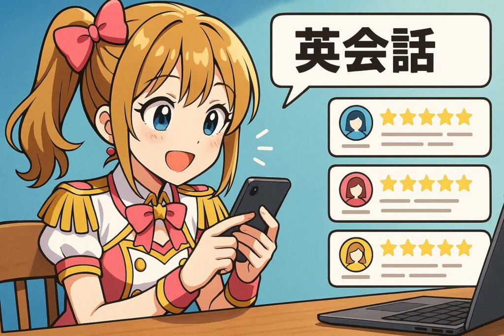 レアジョブの口コミ・評判を調べる女性