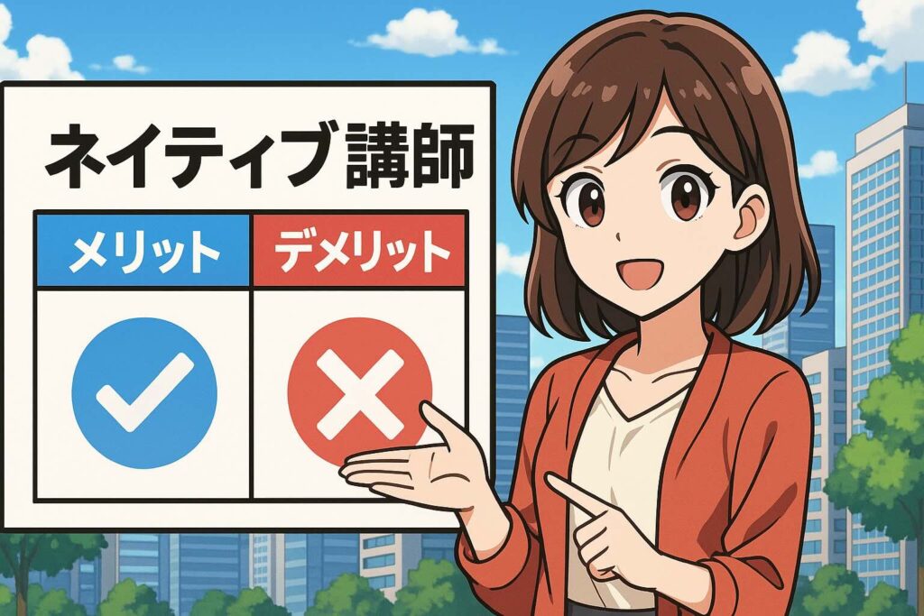 ネイティブ講師とレッスンをするメリットとデメリットを解説する女性