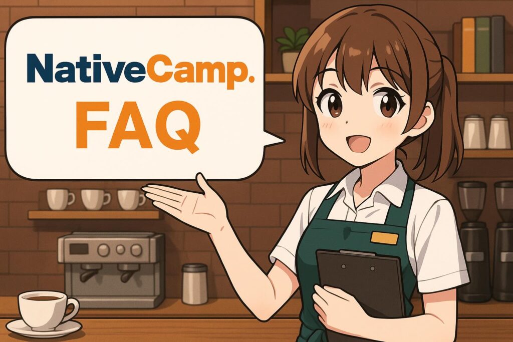 ネイティブキャンプのプレミアムプランのFAQを説明している喫茶店で働く女性