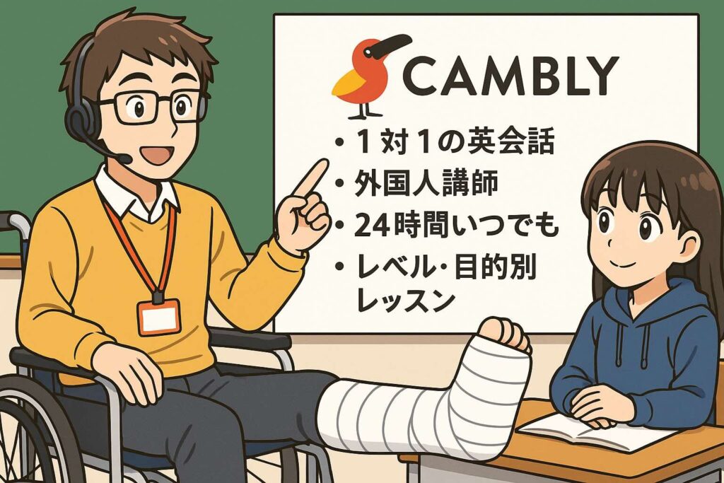 camblyの特徴を生徒に説明している足を骨折した男性スタッフ