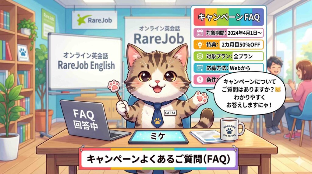 レアジョブのキャンペーンに関するFAQに答えるネコ