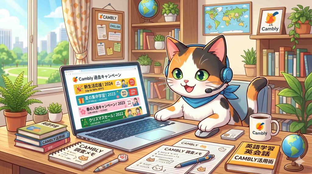 過去のCamblyキャンペーンを調べるネコ
